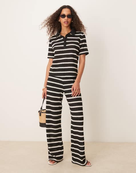 JDY crochet trousers co-ord in black & white stripes