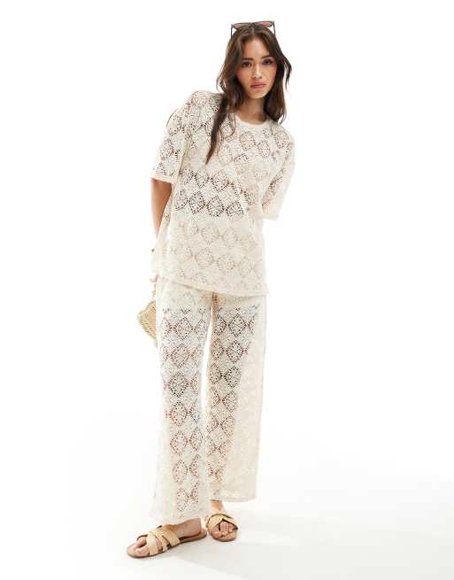 JDY crochet wide leg pants with short insert in stone - part of a set 