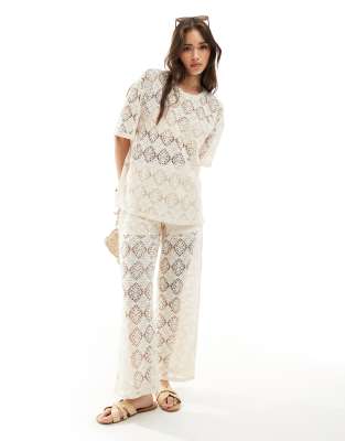 JDY JDY crochet wide leg trouser co-ord with short inscert in stone-Neutral