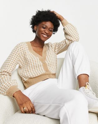 JDY cropped cardigan in beige grid check