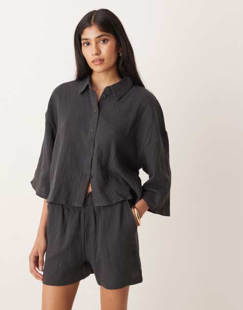 JDY cropped cheesecloth shirt co-ord in charcoal grey - view 1