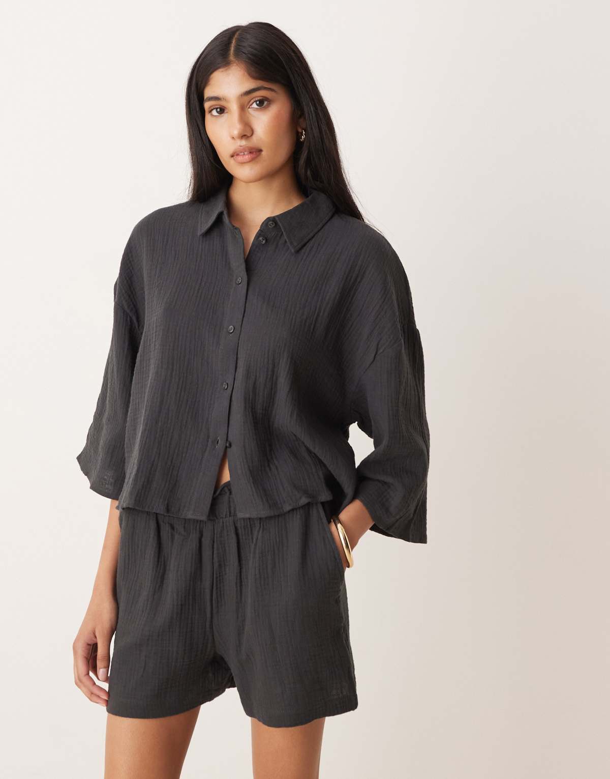 JDY cropped cheesecloth shirt co-ord in charcoal grey