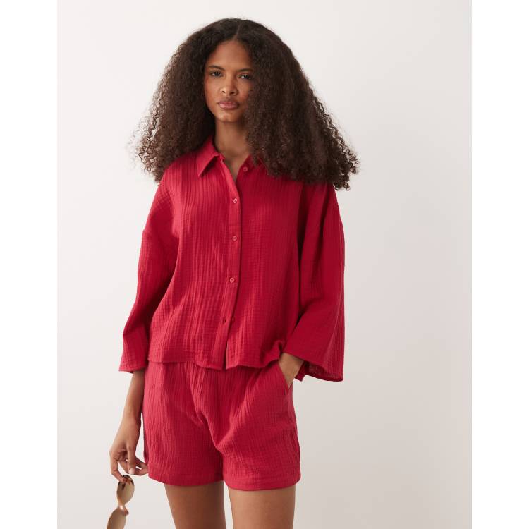 トップス W broadcloth trad check shirt OVY KAJA JDY cropped cheesecloth shirt co-ord in red | ASOS