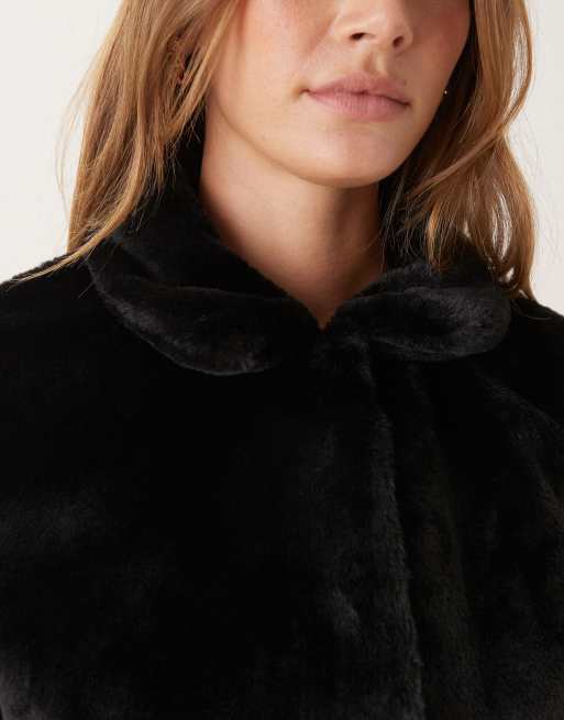 JDY cropped collared faux fur jacket in black