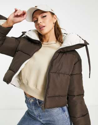 Jdy Cropped Contrast Padded Jacket In Chocolate-black