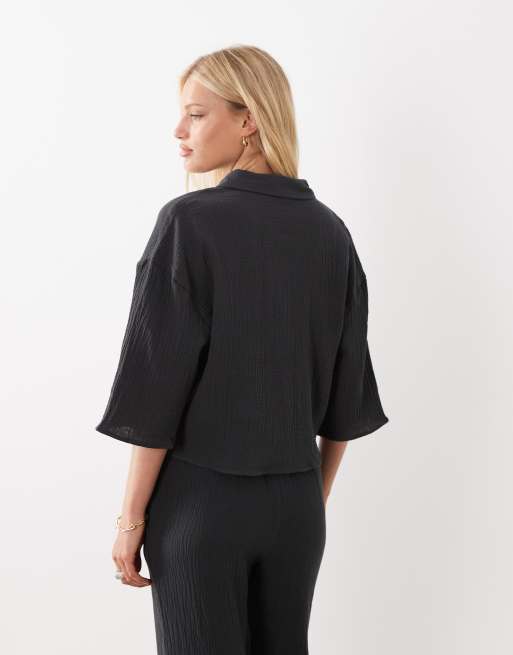 JDY – Cropped Hemd aus grobem Webstoff in Anthrazit, 4 von 4