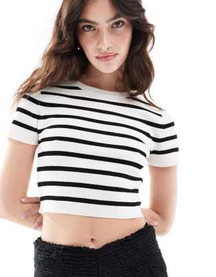 cropped knit top in cream & black stripe-White