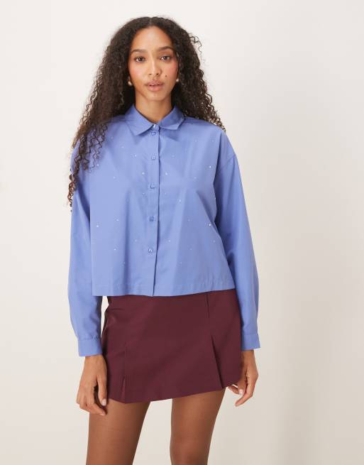 JDY - Cropped lyseblå T-shirt med rhinsten og firkantet pasform, 4 af 4
