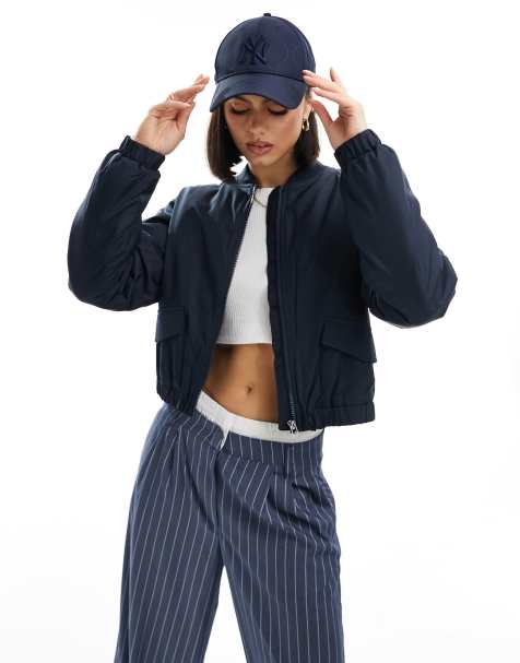 JDY cropped padded bomber jacket in navy  - view 1