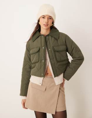 JDY cropped quilted coat with cord detailing in khaki