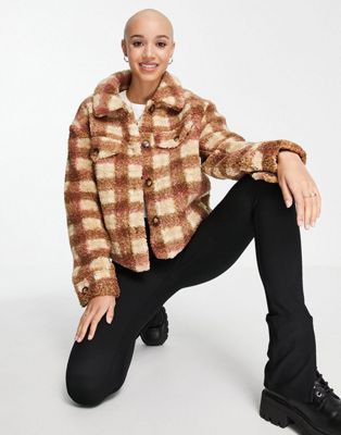 JDY cropped teddy jacket in brown check