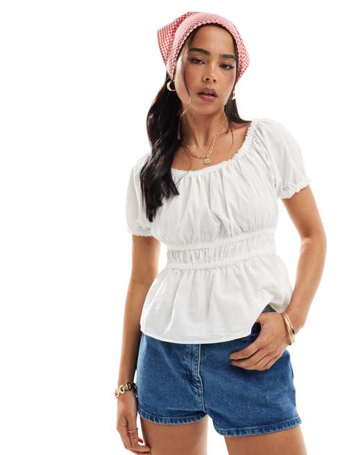 JDY - Cropped top met pofmouwen in wit 