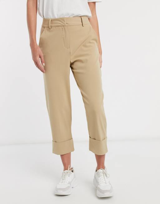 JDY cropped trousers with deep turn up in tan | ASOS