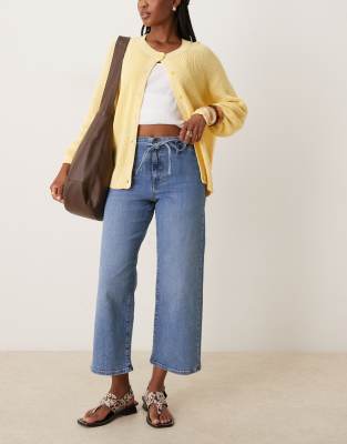 JDY cropped wide leg tie waist jeans in mid blue - view 1