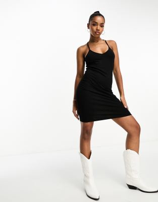 Miss Selfridge skinny strap ribbed cami dress in black