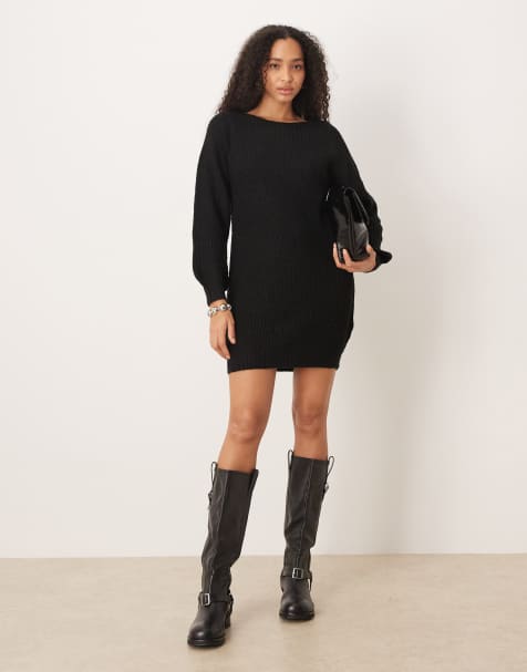 JDY wide neck knitted mini jumper dress in black