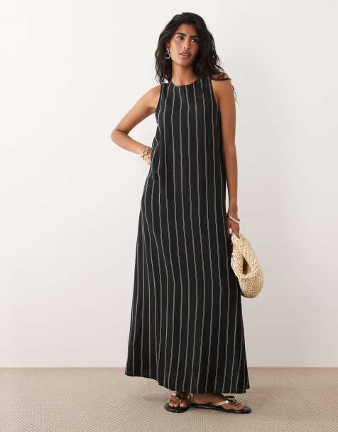 JDY – Czarna sukienka maxi bez rękawów z domieszką lnu w białe paski - view 1
