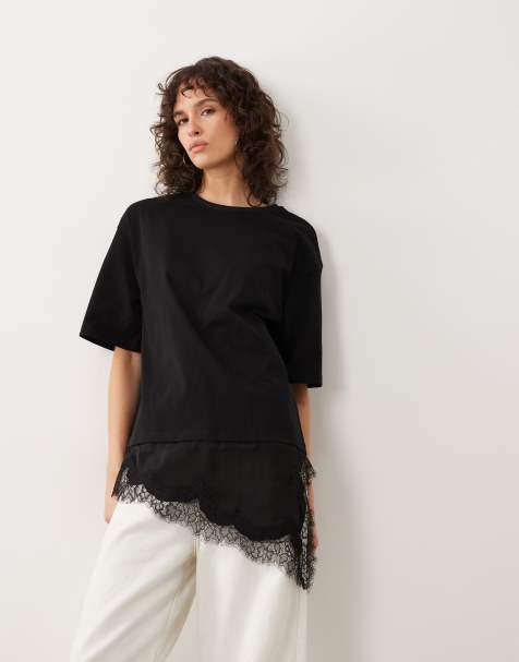 JDY – Czarny T-shirt oversize z koronkowymi wstawkami - view 1