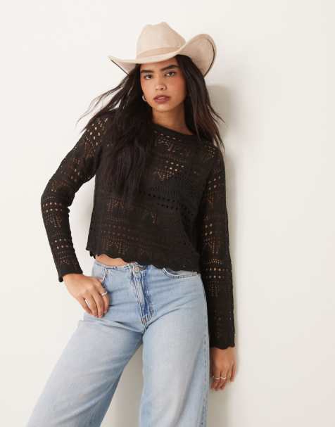 JDY boatneck broderie long sleeve top in black