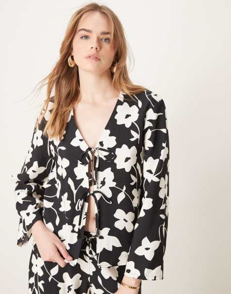 JDY tie detail top co-ord with floral print in black 