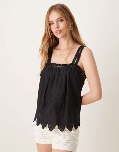 JDY scallop edge top with crochet straps and embroidery detail in black