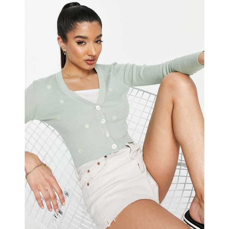 JDY daisy embroidered cardigan in pale green part of a set