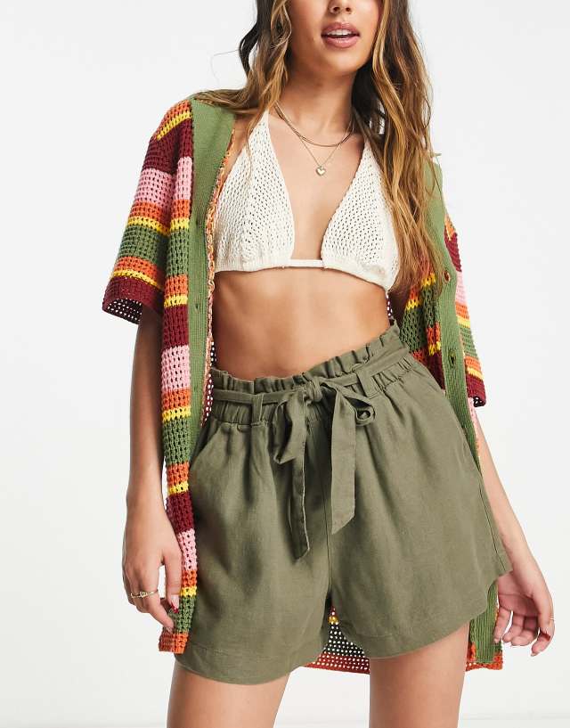 JDY Darling linen high waist paperbag shorts in green