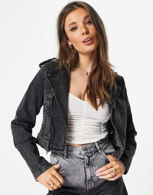 Black denim store biker jacket womens