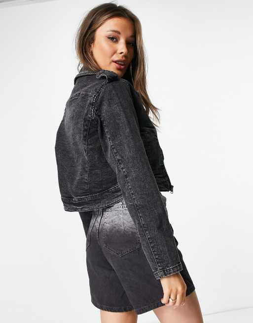 JDY - Denim bikerjack in zwart met wassing, 2 van 4