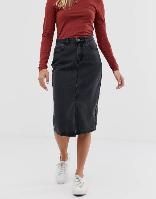 JDY denim midi skirt in washed black