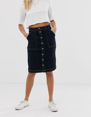 dark blue denim midi skirt
