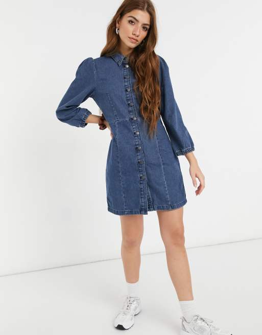 JDY - Denim overhemdjurk met pofmouwen in blauw