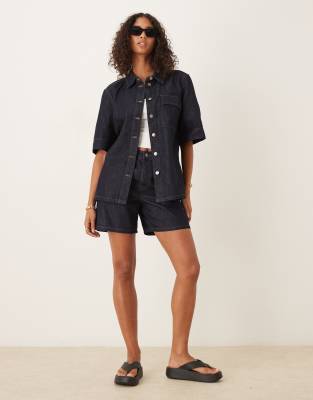 JDY denim shirt & shorts co-ord in dark blue denim - view 1