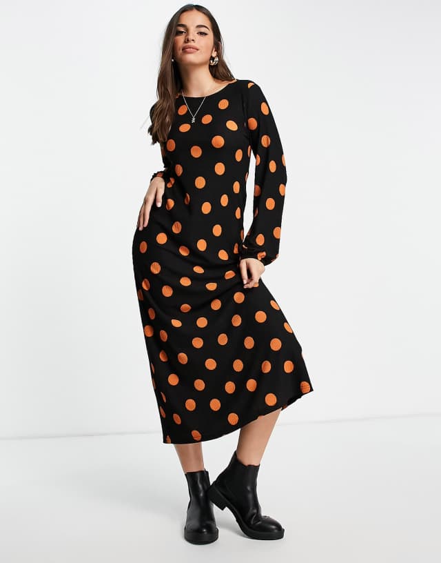 JDY Dexter long sleeve printed midi dress in polka dot