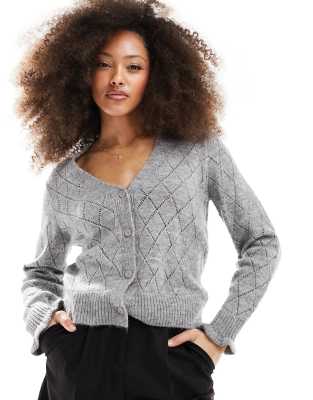 diamond knit cardigan with lettuce sleeve in gray melange