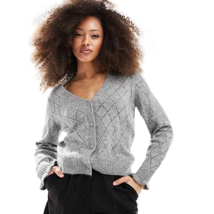 JDY diamond knit cardigan with lettuce sleeve in gray melange | ASOS