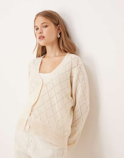 JDY diamond knit cardigan with lettuce sleeve in light beige - view 1