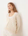 [JDY] JDY diamond knit cardigan with lettuce sleeve in light beige-Neutral L Whitecap grey
