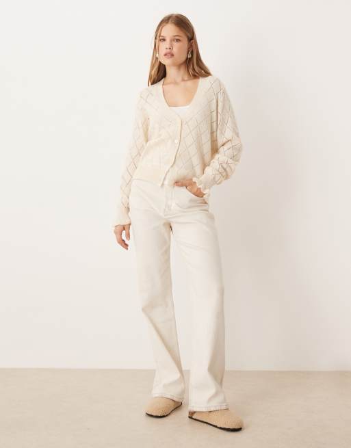 JDY diamond knit cardigan with lettuce sleeve in light beige, 3 of 4