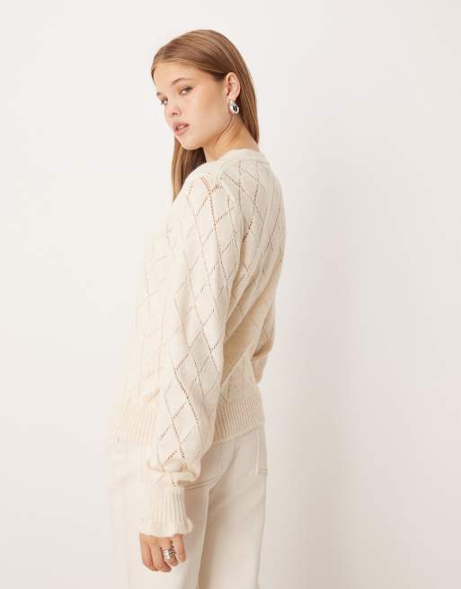 JDY diamond knit cardigan with lettuce sleeve in light beige, 4 of 4