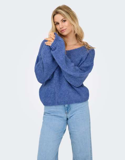 JDY Dinea maglione lavorato a maglia a coste con scollo a V e spalle scese blu - view 1