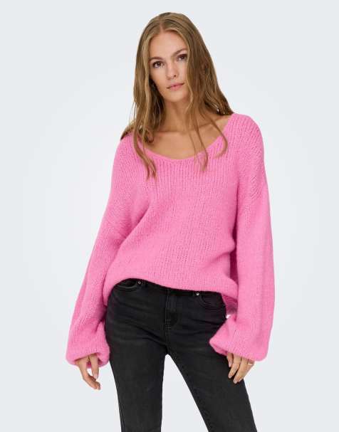 JDY Dinea ribbed v-neck knitted drop shoulder jumper in super pink - view 1