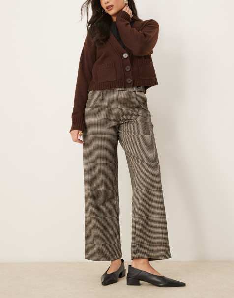 JDY button detail tailored trousers in brown check