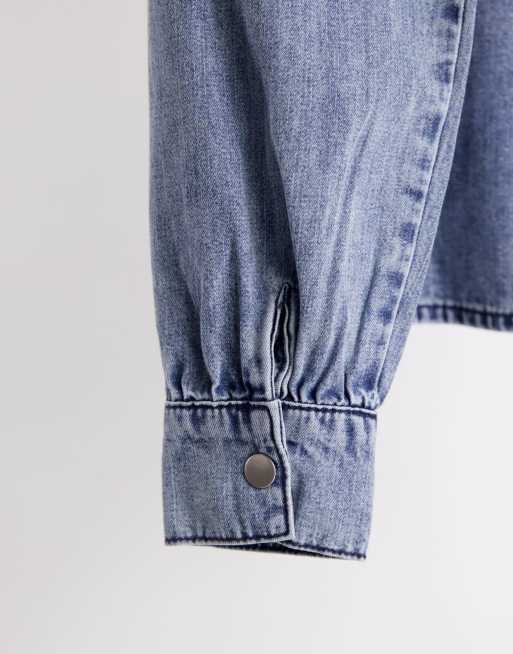 JDY Dortea puff sleeve collarless denim shirt in medium blue denim