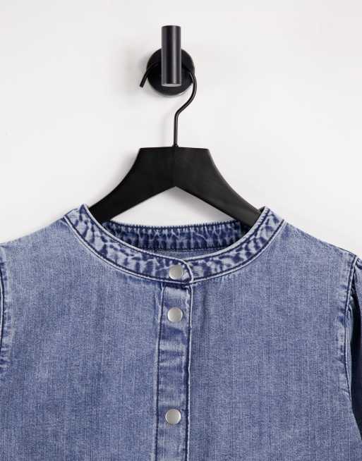 JDY Dortea puff sleeve collarless denim shirt in medium blue denim