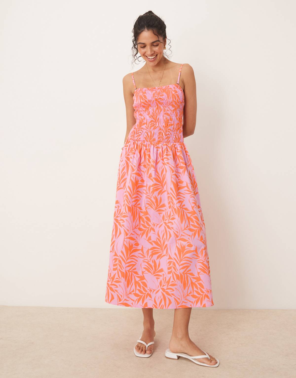 JDY drop waist shirred midaxi dress in pink & orange print