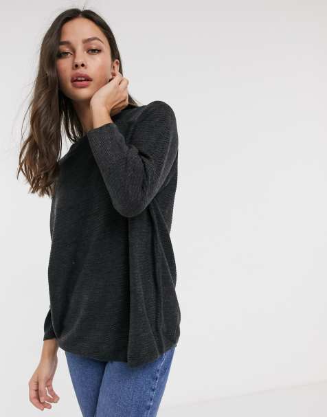 JDY – Dunkelgrau melierter Rippstrickpullover mit Rundhalsausschnitt