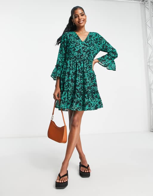 JDY dylan mini smock dress in green floral print