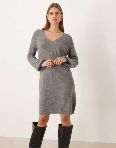 JDY v neck balloon sleeve knitted mini dress in dark grey melange
