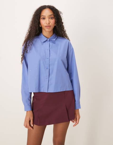 JDY embellished gem boxy shirt in blue - view 1